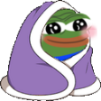 Pepe the Frog looking happy and cozy while wrapped in a purple blanket.