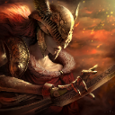 Malenia wearing a winged gold helmet and red cloak, holding a prosthetic arm and sword.