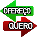 Two stacked arrows pointing in opposite directions with the text Ofereço on the green arrow and Quero on the red arrow.