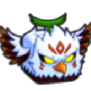 A white mythical bird creature with glowing yellow eyes and green head crest looking aggressive.