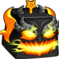 A black cube monster with glowing yellow eyes and a flaming mouth.