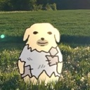 A cartoon dog with a scruffy appearance and a blank expression standing in a green field.