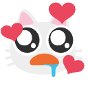 A white cat with wide, starry eyes and a blue trail of drool, surrounded by floating pink hearts.
