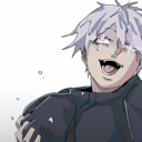 Satoru Gojo with a wide, manic, and unhinged grin.