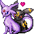 Espeon and Umbreon sitting together with a small pink heart floating above them in pixel art style.