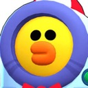 Sally the yellow chick wearing a blue hood with a blank and confused facial expression.