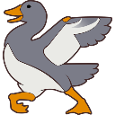 A gray goose strutting confidently with one wing raised and orange feet.