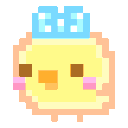 A tiny yellow chick with a blue bow bobbing its head and swaying to music.