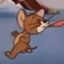 Jerry Mouse sticking his tongue out in a playful taunting gesture.