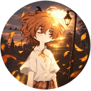 Anime girl standing under a streetlamp with falling autumn leaves in a golden sunset.