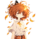 Anime girl with messy hair looking dreamy amidst glowing golden sparkles on a purple background.