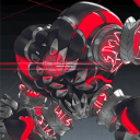 A metallic, black and red armored fist delivering a powerful punch.