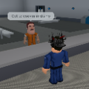 A Roblox character in a blue outfit stands before a prisoner in an orange jumpsuit with a speech bubble above their head.