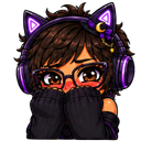 A girl with brown hair and cat-ear headphones blushing while hiding her face behind a black sweater.