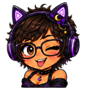 A girl with brown hair, glasses, and cat-ear headphones winks and sticks her tongue out playfully.