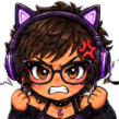 A chibi-style girl with brown hair and glasses wearing purple cat-ear headphones, looking extremely angry with a red vein sy…