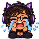 A girl with glasses and cat-ear headphones crying with large blue tears streaming down her face.