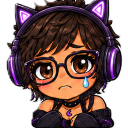 A girl with short brown hair wearing purple cat-ear headphones and glasses, looking sad with a single blue tear rolling down…