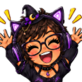 A happy anime-style girl wearing a witch hat with cat ears and glasses, cheering with her hands raised.