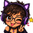 A girl with brown hair, glasses, and purple cat-ear headphones winks and sticks her tongue out while making a peace sign.