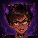 A cat girl with short hair and glasses wearing a choker, giving a smug, toothy grin against a dark purple background.