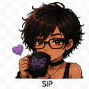Anime girl with short dark hair and glasses sipping from a black cat-themed mug with a small purple heart floating nearby.