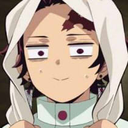 Tanjiro Kamado with a blank, judgmental expression and a forced smile, wearing a white head covering.