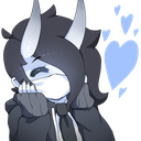 A stylized demon character with horns blushing with a shy expression while a blue heart floats nearby.