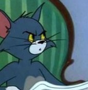 A blue cartoon cat with a furrowed brow and wide yellow eyes looking suspicious and confused.