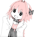 Anime character with pink hair and large dark eyes looking confused with a slight smile.