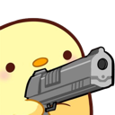 A round yellow chick holding a large gray handgun with a serious expression.