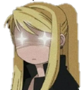 Anime girl with long blonde hair and glowing white star-shaped eyes expressing intense excitement.
