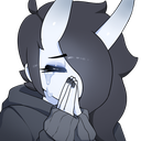 A horned character with gray skin and dark hair crying while pressing their hands together in a prayer gesture.