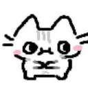 A simple line-art cat with a scrunched, grumpy face and small pink blushes on its cheeks.