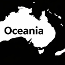 A black and white silhouette map of Oceania with the word Oceania written across the center.