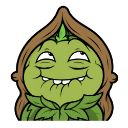 A green plant creature with a smug, mischievous expression and a sly grin looking upward.