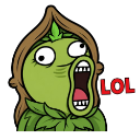 A stylized green plant character with a wide, open mouth laughing with the letters LOL in red next to it.