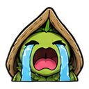A small green creature with a leaf hood wailing with large blue tears streaming down its face.