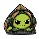A small green creature with a determined expression wearing headphones and typing on a keyboard.
