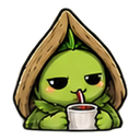 A small green sprout character with a wooden hood looking smug while sipping from a white mug.