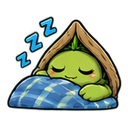 A small green creature sleeping peacefully under a blue blanket with ZZZ text floating above.