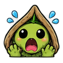 A small green creature with wide eyes and an open mouth in a state of panic, hiding under a wooden roof.