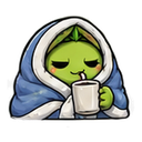 A small green creature with a smug expression wrapped in a blue blanket sipping from a white mug.