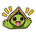 A small green creature wearing a straw hat waves its arms excitedly with exclamation marks floating on both sides.