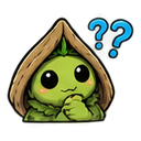 A cute green creature wearing a wooden hood looks confused with blue question marks floating above its head.