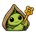 A small, green, leaf-covered creature wearing a brown hood and smiling while holding up a golden key.