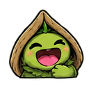 A small green creature with a wide, happy grin peeking out from inside a wooden shell.