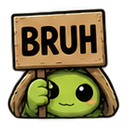 A small green creature with large black eyes holding a wooden sign that says BRUH.