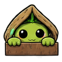 A small green creature with large black eyes peeking out from under a wooden roof while resting its hands on a wooden ledge.