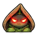 A small hooded creature with a smug expression and glowing red eyes.